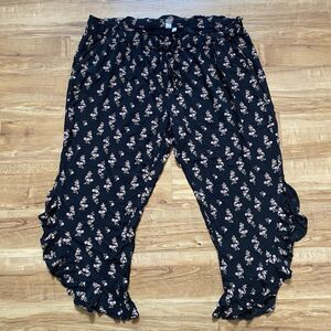 SUSINA 2X Black Floral Pull On Elastic Ruffle Crop Coastal Boho Lounge Pants